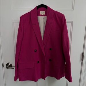 Sezane Linen Christie Fuchsia Double-Breasted Blazer